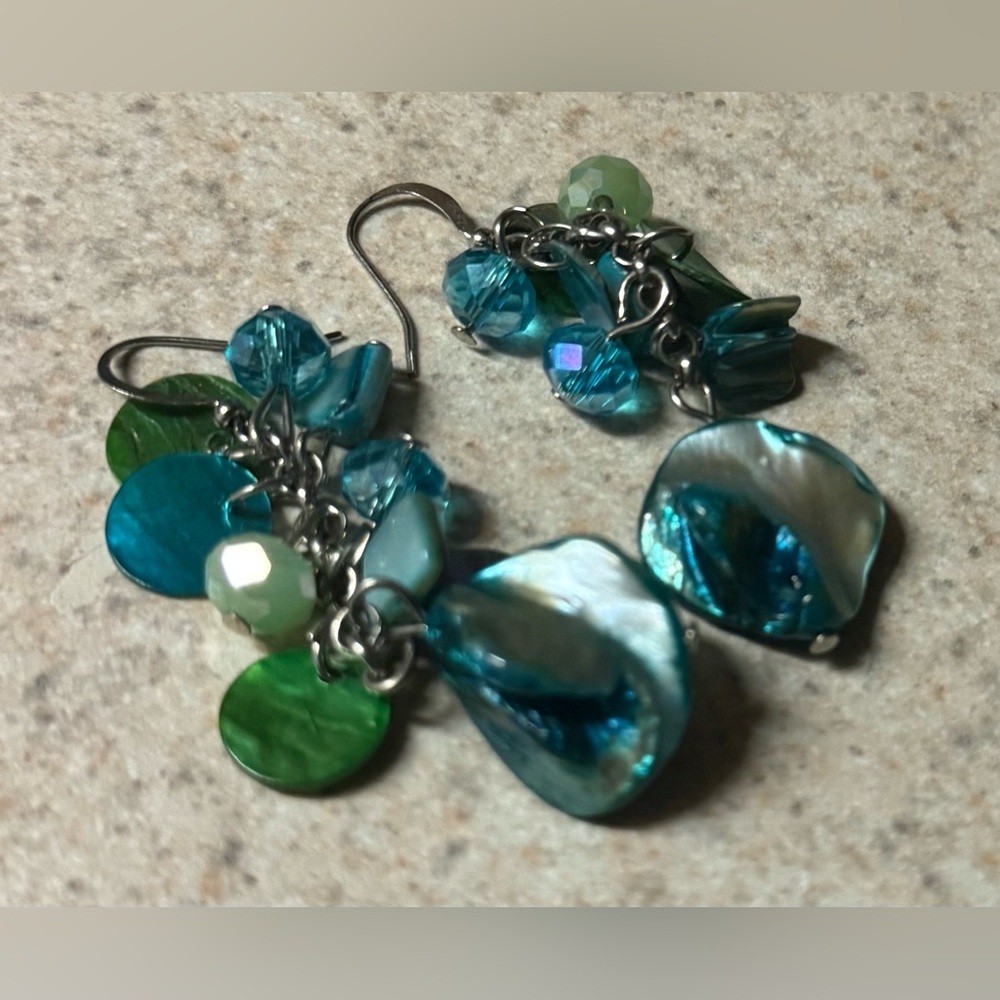 Colorful Teal Abalone & Sea Glass Dangle Earrings | Ocean-Inspired Statement - Picture 6 of 7
